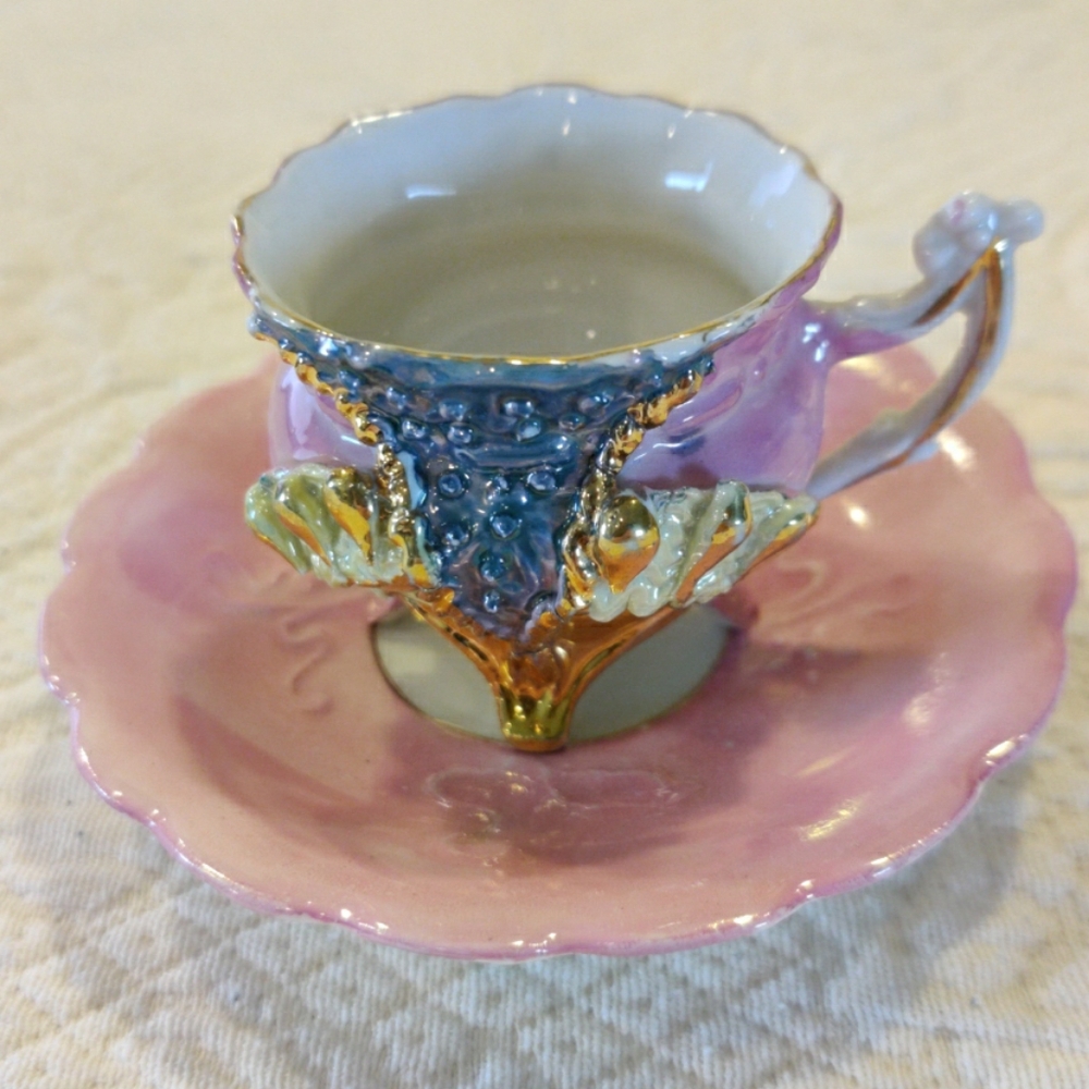 Antique 3 Footed Lusterware Miniature Teacup and Saucer Lusterware 3D Design